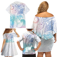 Aotearoa Maori Sea Animals Tribal Family Matching Off Shoulder Short Dress and Hawaiian Shirt Manta Ray and Shark Moko Pattern Sweet Pastel