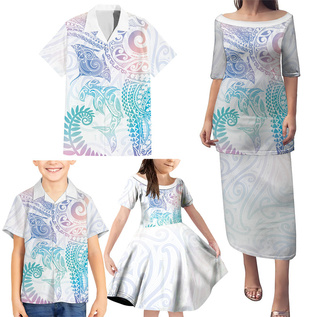 Aotearoa Maori Sea Animals Tribal Family Matching Puletasi and Hawaiian Shirt Manta Ray and Shark Moko Pattern Sweet Pastel LT03 - Polynesian Pride