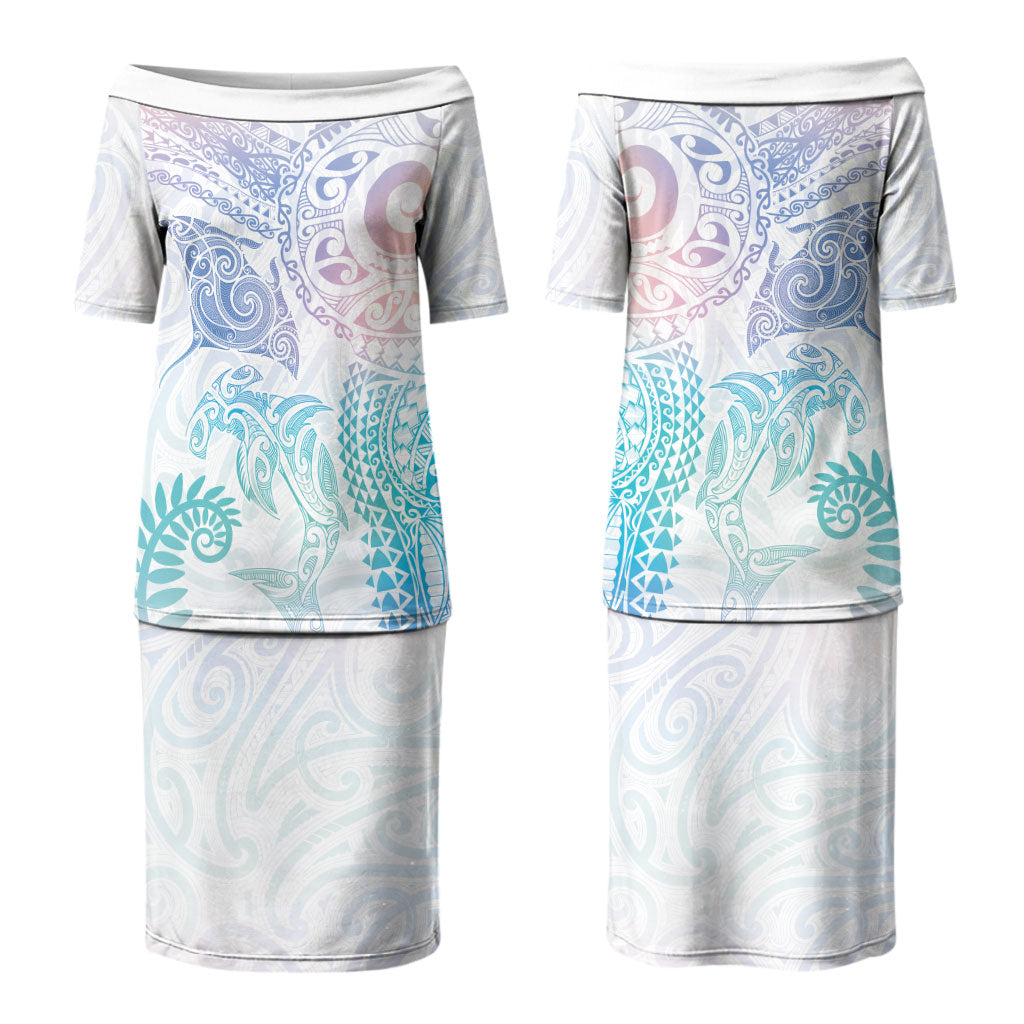 Aotearoa Maori Sea Animals Tribal Family Matching Puletasi and Hawaiian Shirt Manta Ray and Shark Moko Pattern Sweet Pastel LT03 Mom's Dress Multicolor - Polynesian Pride