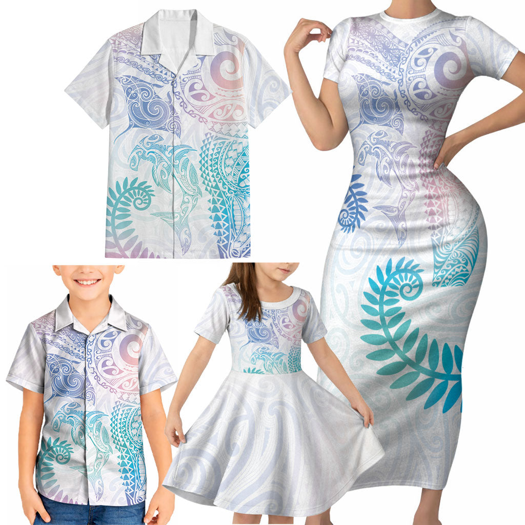 Aotearoa Maori Sea Animals Tribal Family Matching Short Sleeve Bodycon Dress and Hawaiian Shirt Manta Ray and Shark Moko Pattern Sweet Pastel LT03 - Polynesian Pride