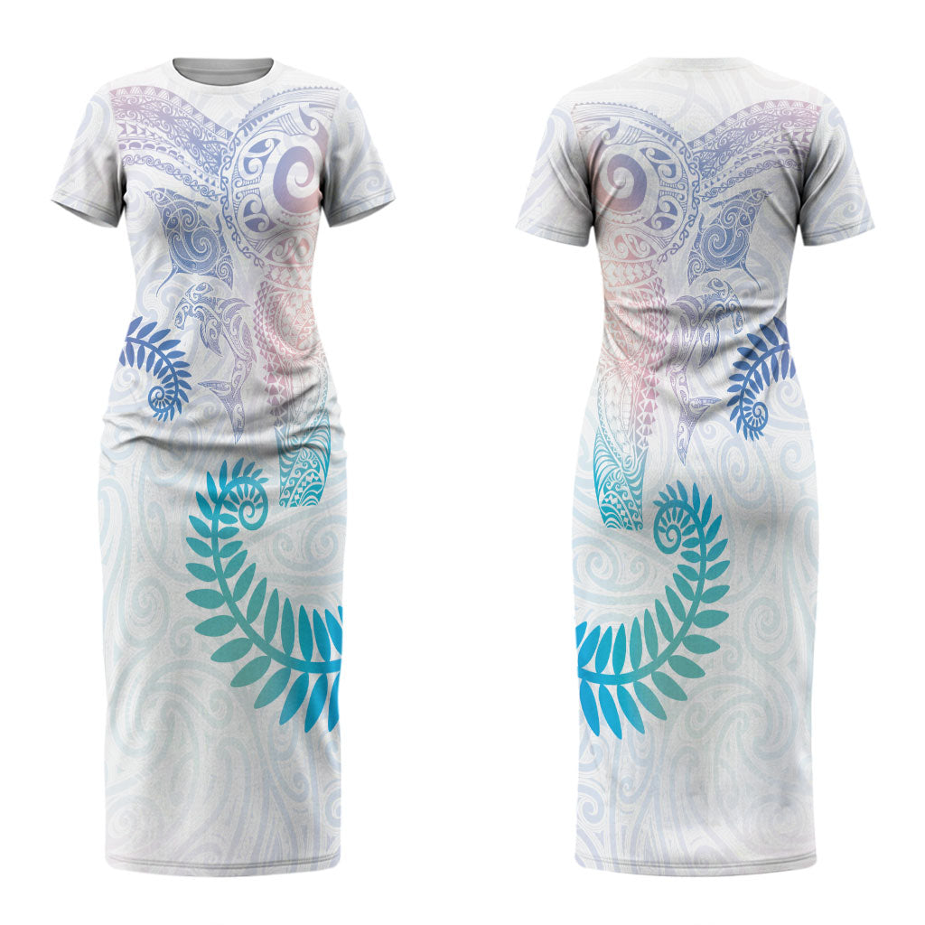 Aotearoa Maori Sea Animals Tribal Family Matching Short Sleeve Bodycon Dress and Hawaiian Shirt Manta Ray and Shark Moko Pattern Sweet Pastel LT03 Mom's Dress Multicolor - Polynesian Pride