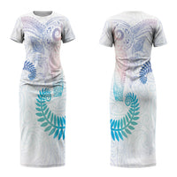 Aotearoa Maori Sea Animals Tribal Family Matching Short Sleeve Bodycon Dress and Hawaiian Shirt Manta Ray and Shark Moko Pattern Sweet Pastel LT03 Mom's Dress Multicolor - Polynesian Pride