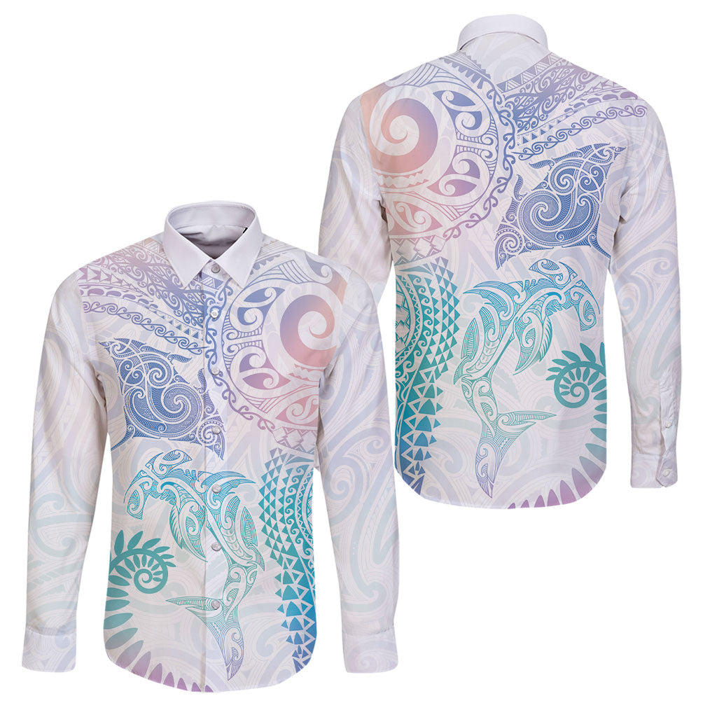 Aotearoa Maori Sea Animals Tribal Family Matching Short Sleeve Bodycon Dress and Hawaiian Shirt Manta Ray and Shark Moko Pattern Sweet Pastel LT03 Dad's Shirt - Long Sleeve Multicolor - Polynesian Pride