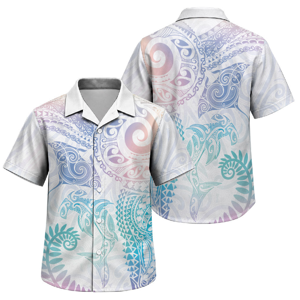 Aotearoa Maori Sea Animals Tribal Family Matching Short Sleeve Bodycon Dress and Hawaiian Shirt Manta Ray and Shark Moko Pattern Sweet Pastel LT03 Son's Shirt Multicolor - Polynesian Pride