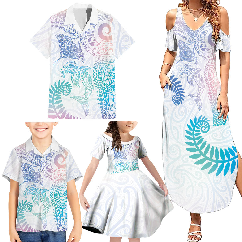 Aotearoa Maori Sea Animals Tribal Family Matching Summer Maxi Dress and Hawaiian Shirt Manta Ray and Shark Moko Pattern Sweet Pastel LT03 - Polynesian Pride