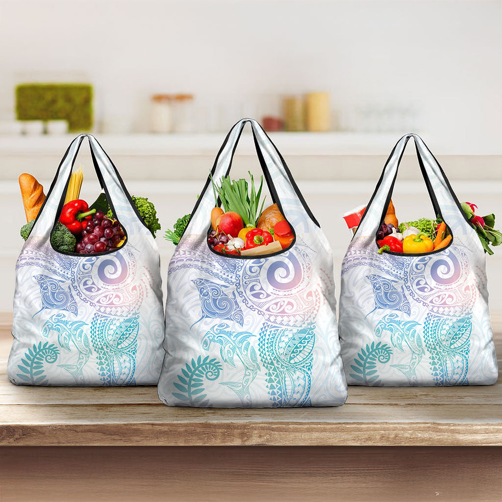 Aotearoa Maori Sea Animals Tribal Grocery Bag Manta Ray and Shark Moko Pattern Sweet Pastel