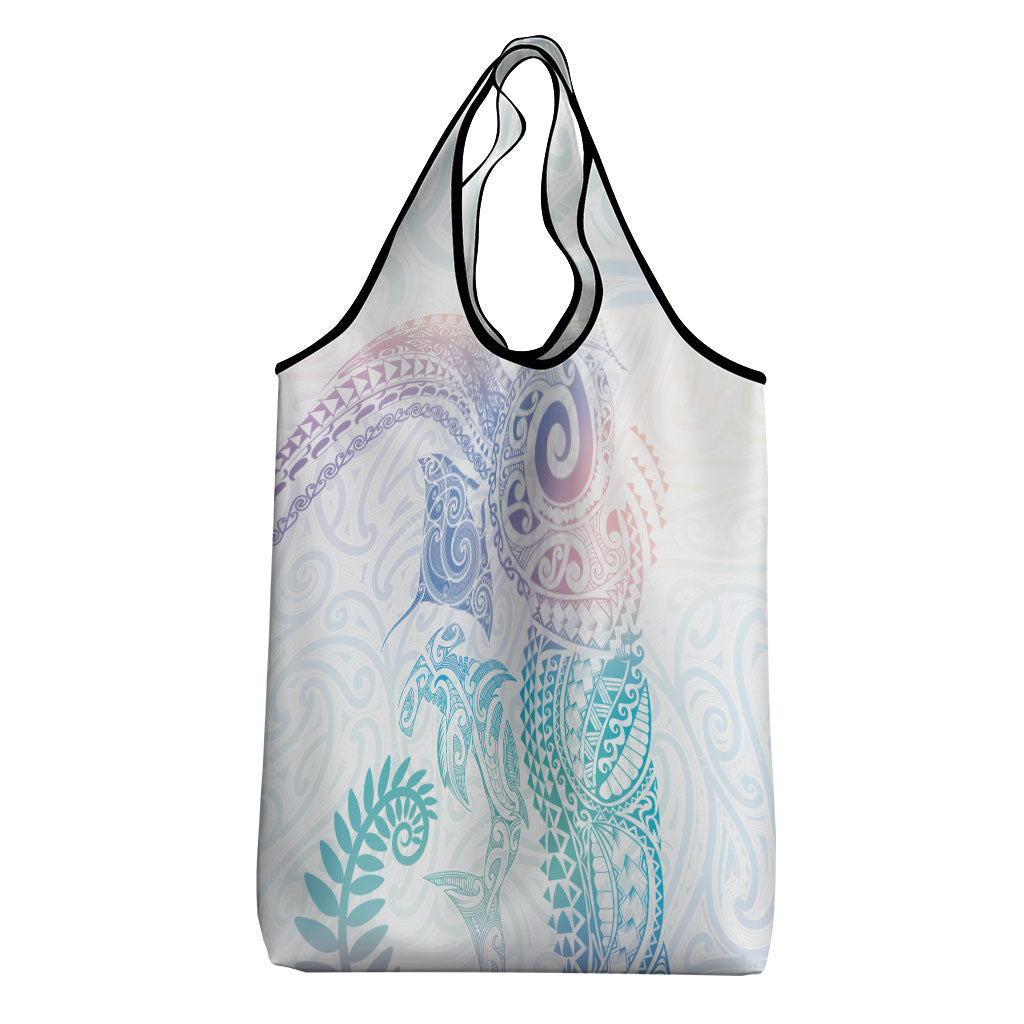 Aotearoa Maori Sea Animals Tribal Grocery Bag Manta Ray and Shark Moko Pattern Sweet Pastel