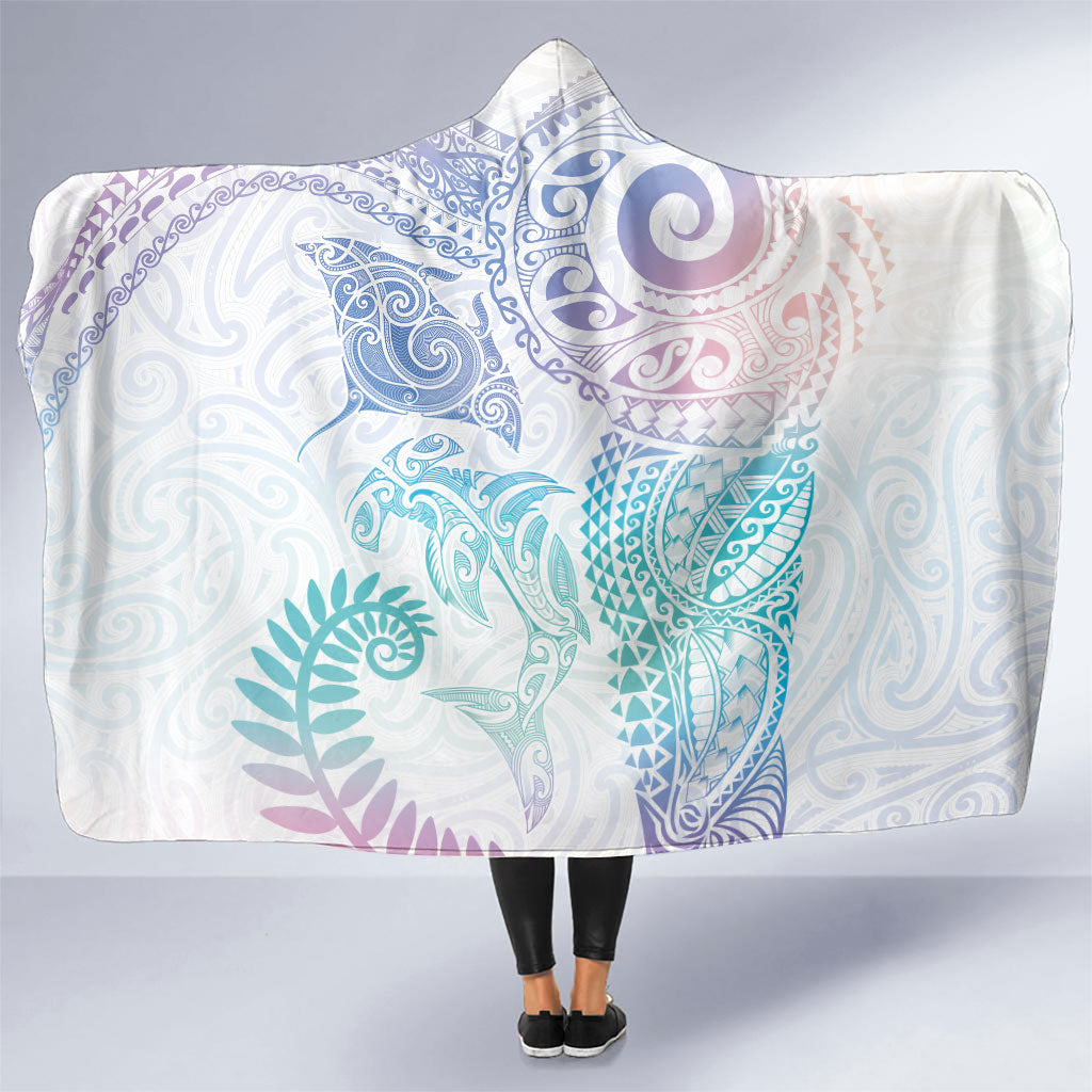 Aotearoa Maori Sea Animals Tribal Hooded Blanket Manta Ray and Shark Moko Pattern Sweet Pastel