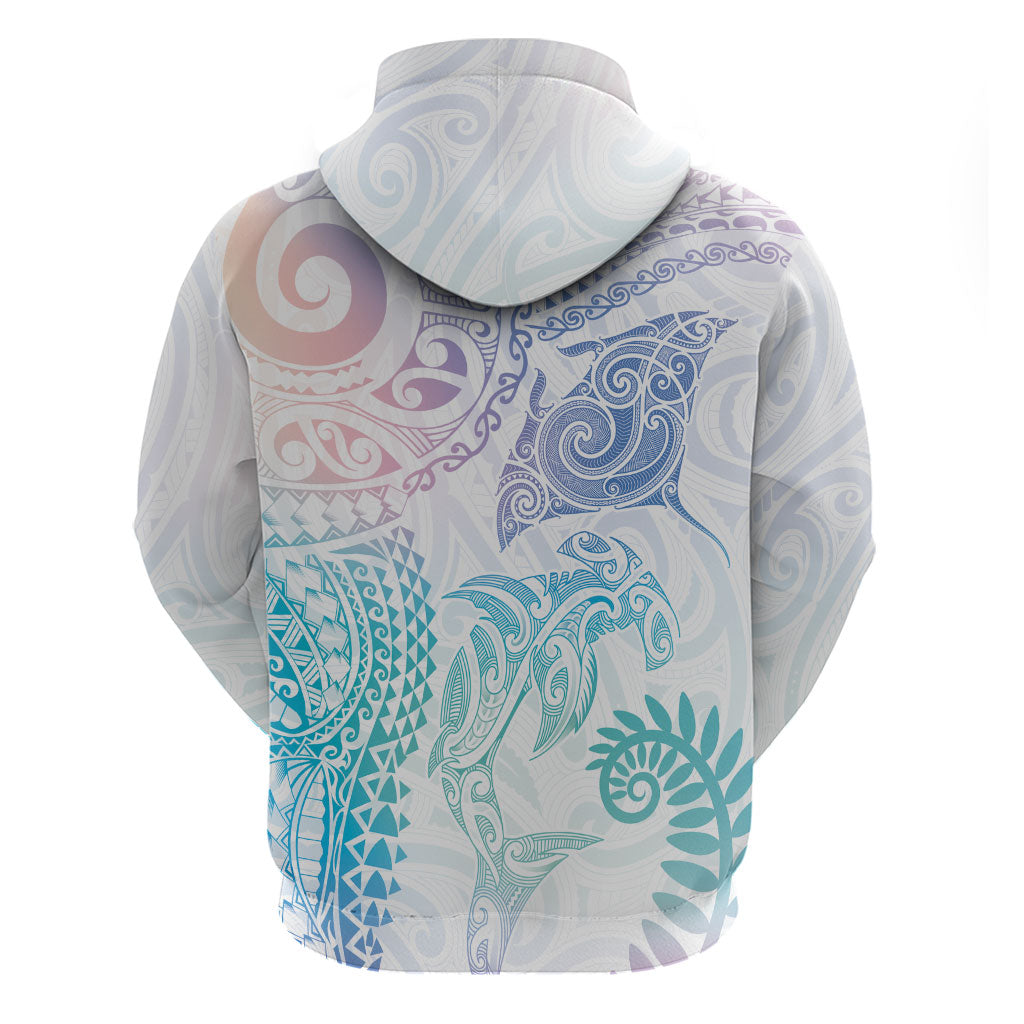 Aotearoa Maori Sea Animals Tribal Hoodie Manta Ray and Shark Moko Pattern Sweet Pastel