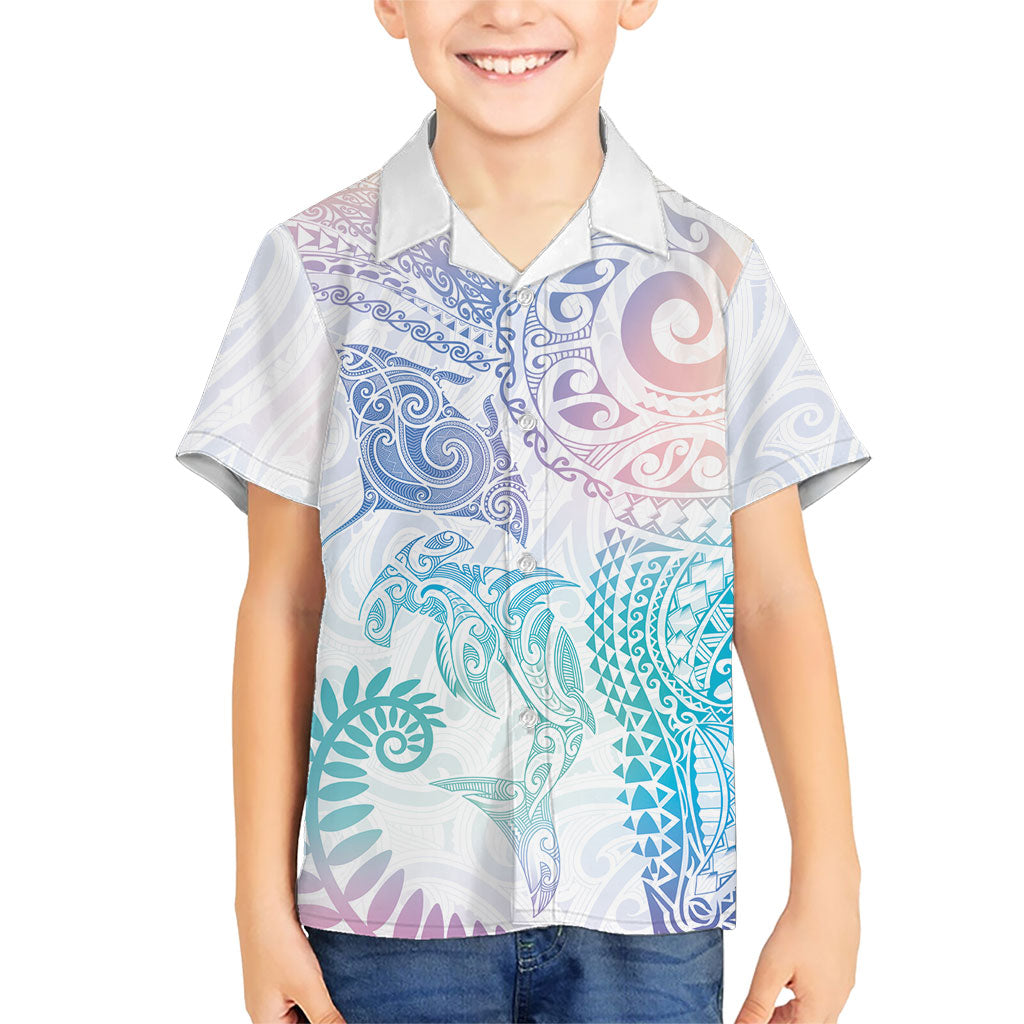 Aotearoa Maori Sea Animals Tribal Kid Hawaiian Shirt Manta Ray and Shark Moko Pattern Sweet Pastel LT03 Kid Multicolor - Polynesian Pride