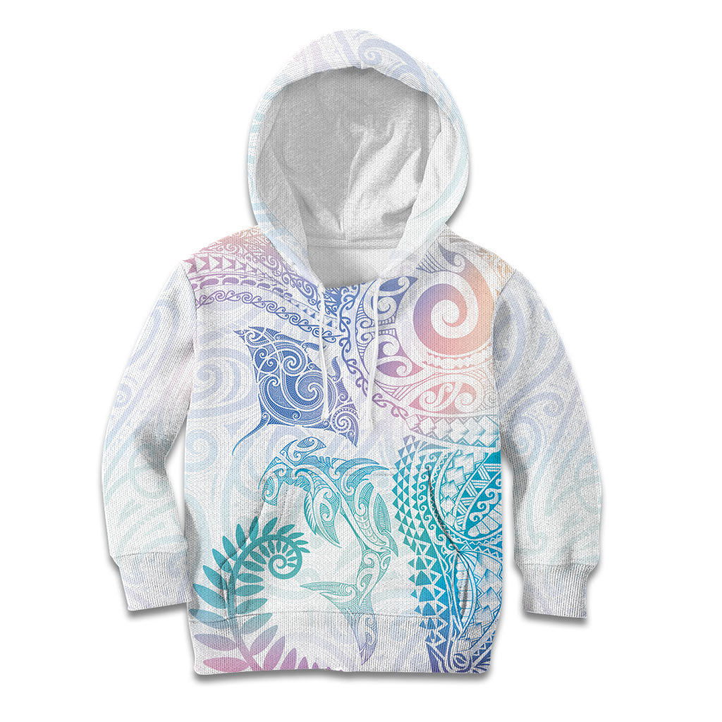 Aotearoa Maori Sea Animals Tribal Kid Hoodie Manta Ray and Shark Moko Pattern Sweet Pastel LT03 Hoodie Multicolor - Polynesian Pride