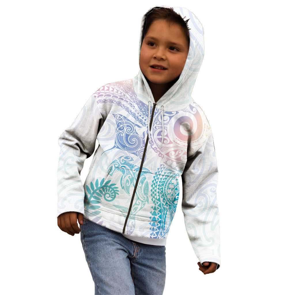 Aotearoa Maori Sea Animals Tribal Kid Hoodie Manta Ray and Shark Moko Pattern Sweet Pastel