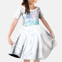 Aotearoa Maori Sea Animals Tribal Kid Short Sleeve Dress Manta Ray and Shark Moko Pattern Sweet Pastel