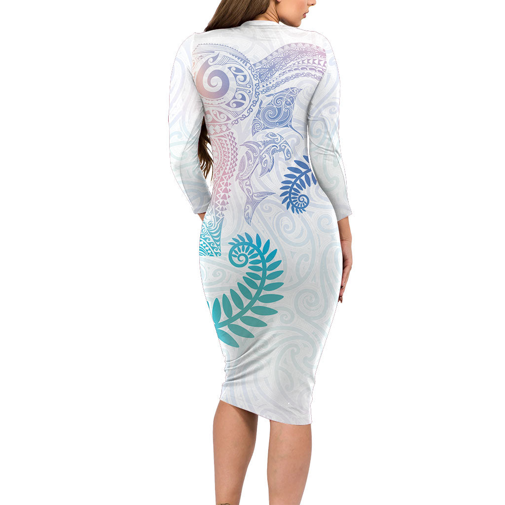 Aotearoa Maori Sea Animals Tribal Long Sleeve Bodycon Dress Manta Ray and Shark Moko Pattern Sweet Pastel