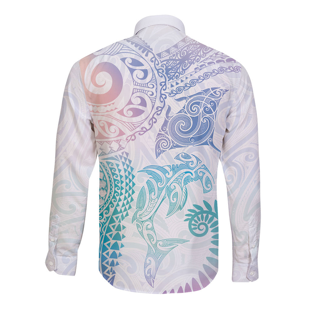 Aotearoa Maori Sea Animals Tribal Long Sleeve Button Shirt Manta Ray and Shark Moko Pattern Sweet Pastel