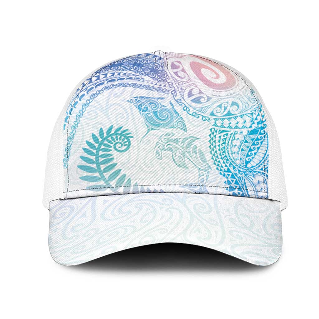 Aotearoa Maori Sea Animals Tribal Mesh Trucker Cap Manta Ray and Shark Moko Pattern Sweet Pastel LT03 One Size White Multicolor - Polynesian Pride