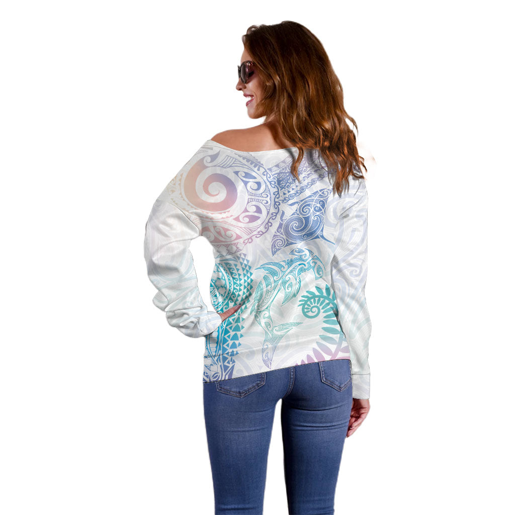 Aotearoa Maori Sea Animals Tribal Off Shoulder Sweater Manta Ray and Shark Moko Pattern Sweet Pastel