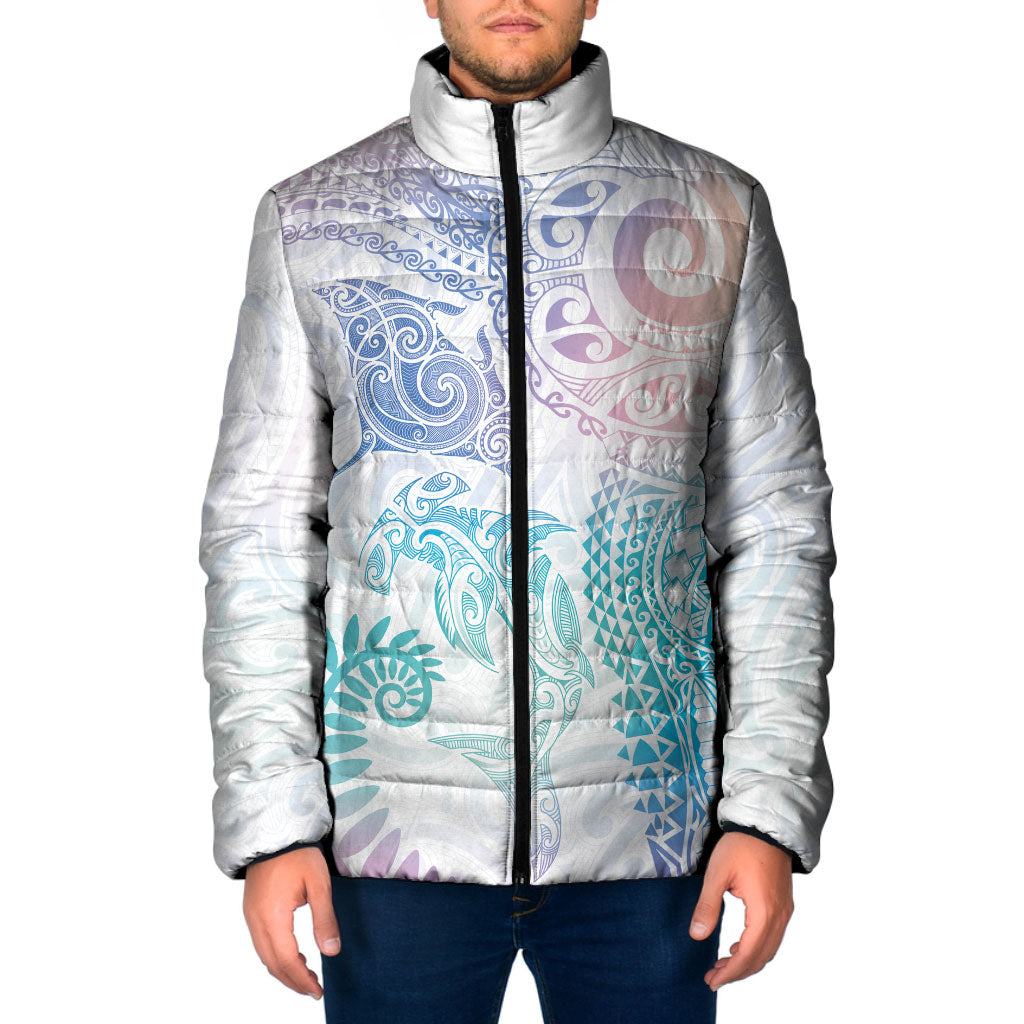 Aotearoa Maori Sea Animals Tribal Padded Jacket Manta Ray and Shark Moko Pattern Sweet Pastel LT03 Men Multicolor - Polynesian Pride