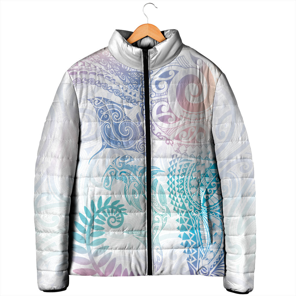 Aotearoa Maori Sea Animals Tribal Padded Jacket Manta Ray and Shark Moko Pattern Sweet Pastel LT03 - Polynesian Pride