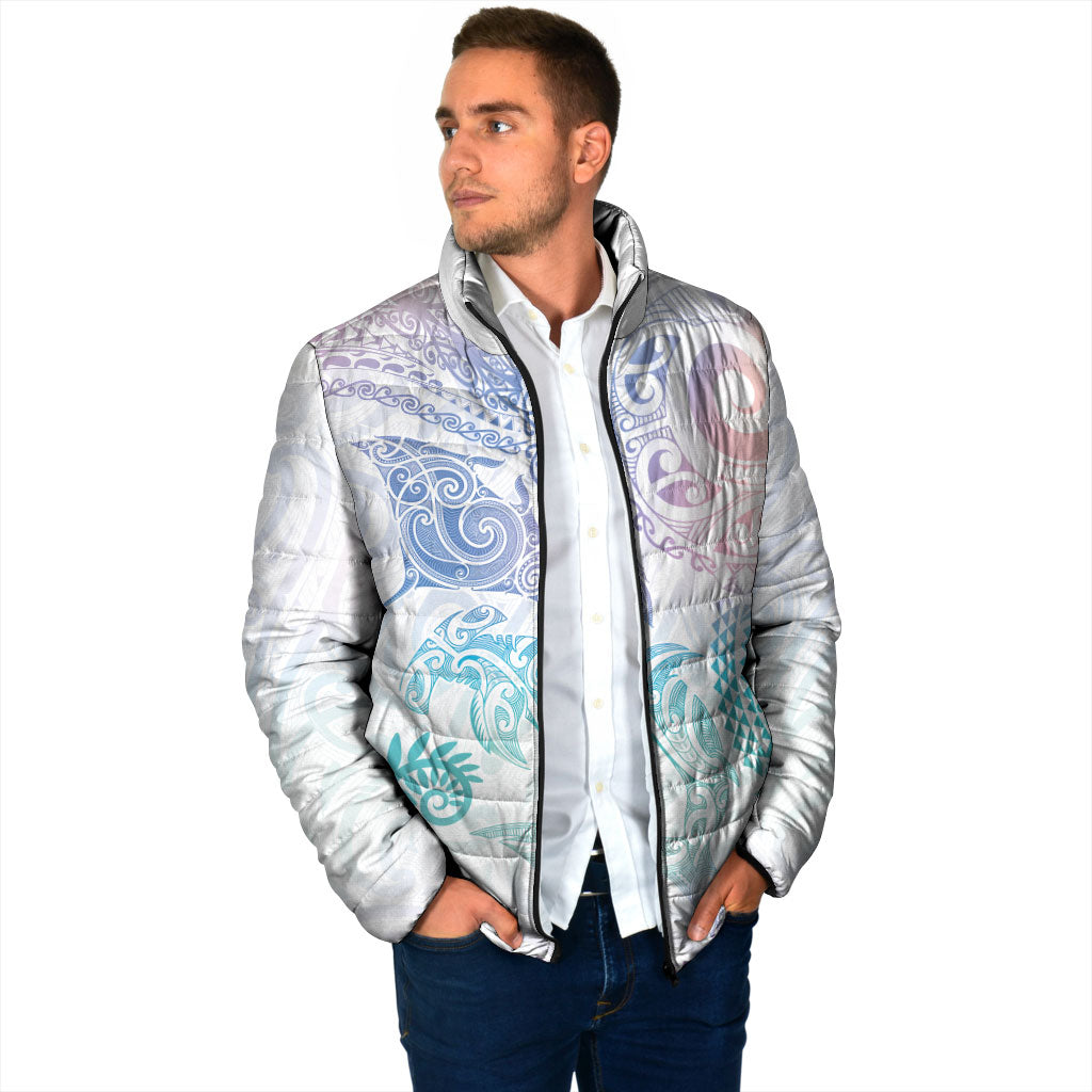 Aotearoa Maori Sea Animals Tribal Padded Jacket Manta Ray and Shark Moko Pattern Sweet Pastel LT03 - Polynesian Pride