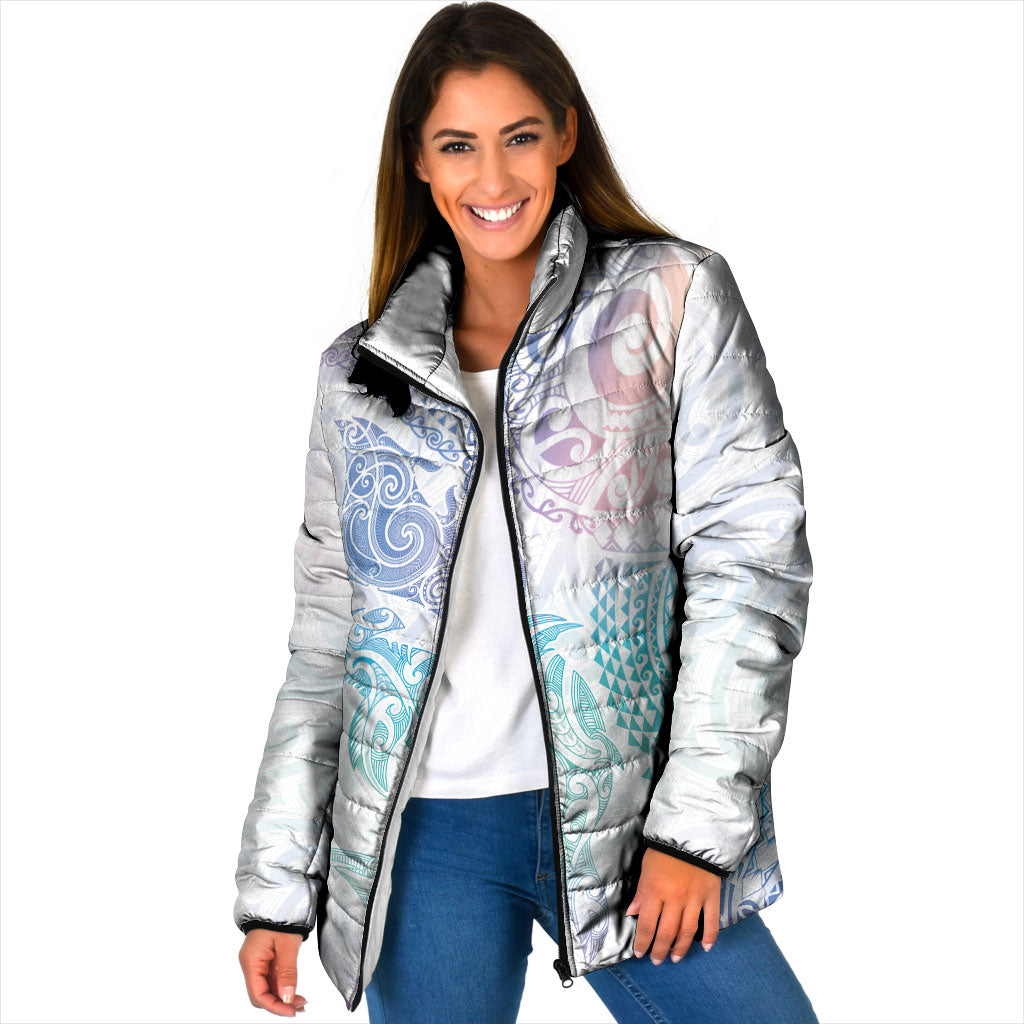 Aotearoa Maori Sea Animals Tribal Padded Jacket Manta Ray and Shark Moko Pattern Sweet Pastel LT03 Women Multicolor - Polynesian Pride