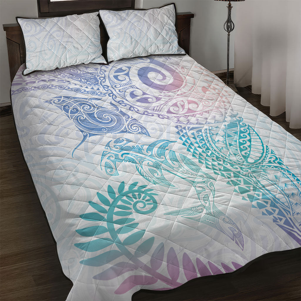 Aotearoa Maori Sea Animals Tribal Quilt Bed Set Manta Ray and Shark Moko Pattern Sweet Pastel LT03 Multicolor - Polynesian Pride