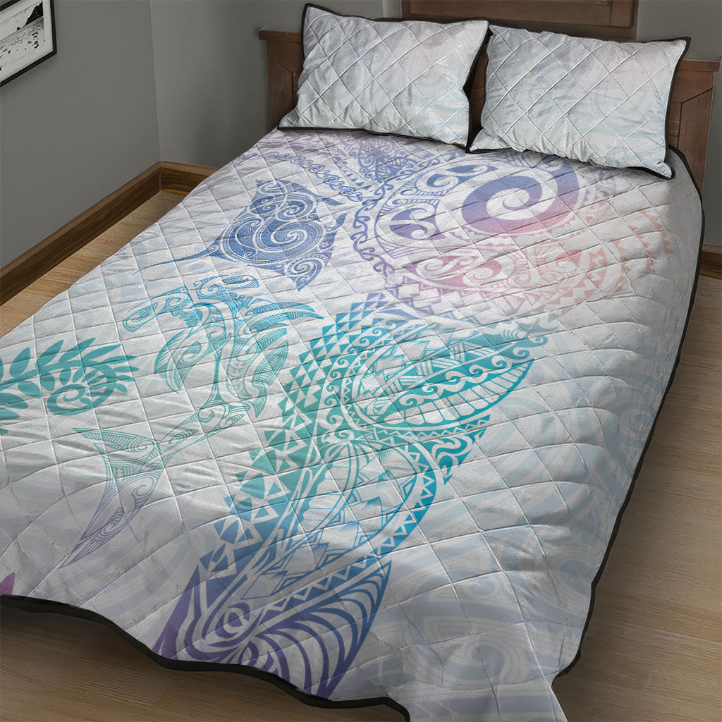 Aotearoa Maori Sea Animals Tribal Quilt Bed Set Manta Ray and Shark Moko Pattern Sweet Pastel LT03 - Polynesian Pride