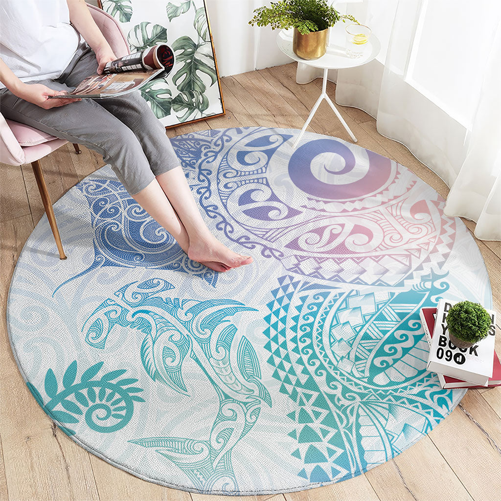 Aotearoa Maori Sea Animals Tribal Round Carpet Manta Ray and Shark Moko Pattern Sweet Pastel