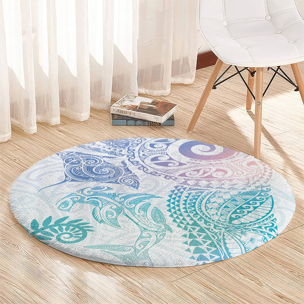 Aotearoa Maori Sea Animals Tribal Round Carpet Manta Ray and Shark Moko Pattern Sweet Pastel
