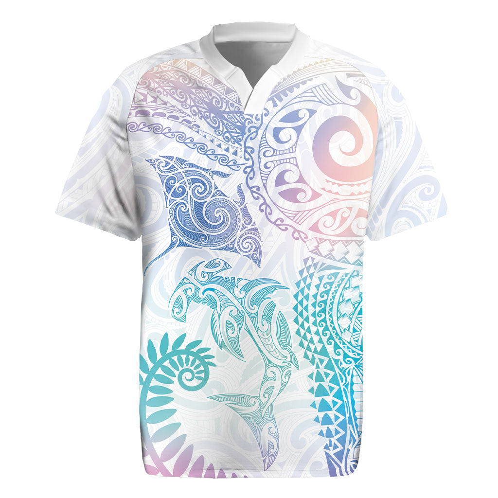 Aotearoa Maori Sea Animals Tribal Rugby Jersey Manta Ray and Shark Moko Pattern Sweet Pastel LT03 Multicolor - Polynesian Pride