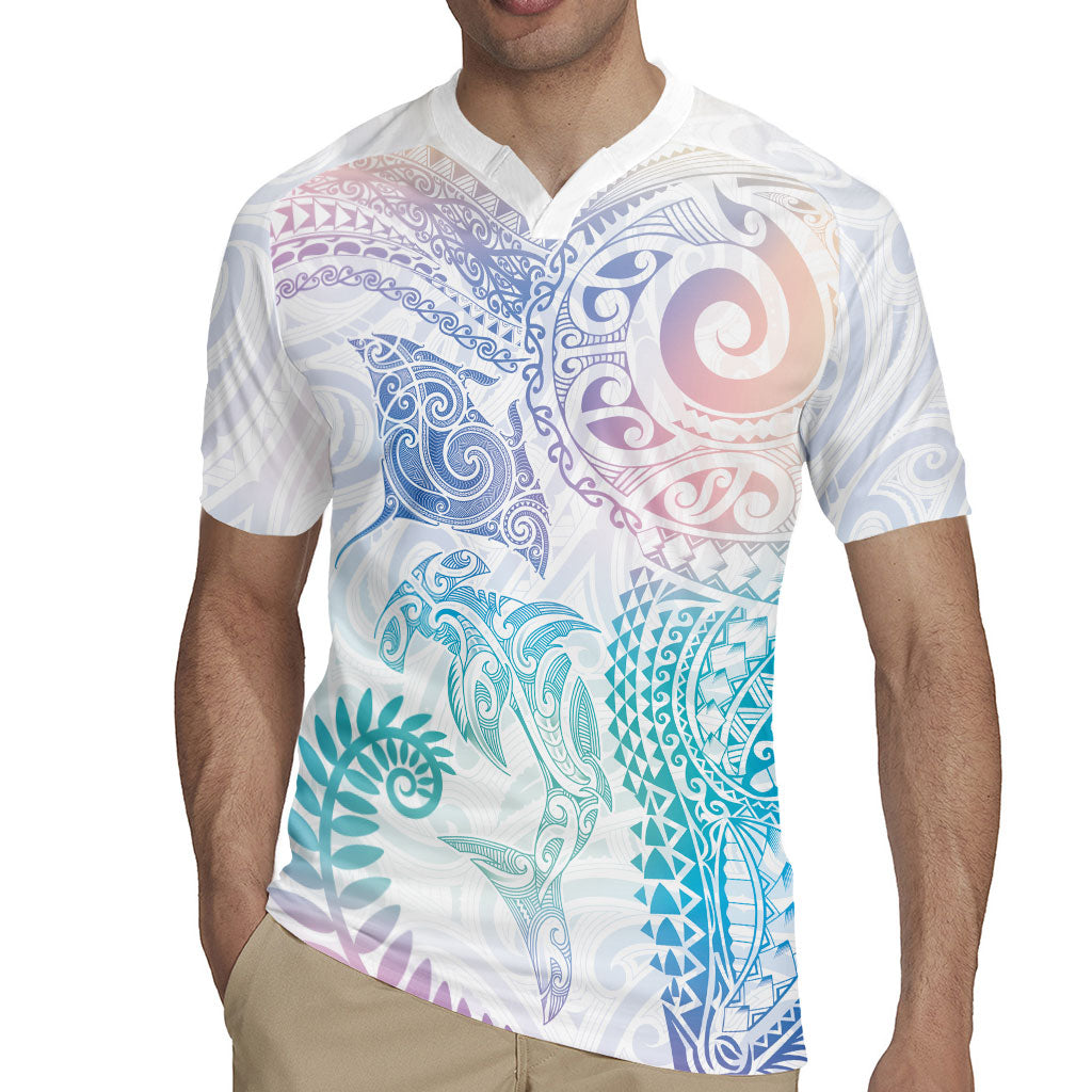 Aotearoa Maori Sea Animals Tribal Rugby Jersey Manta Ray and Shark Moko Pattern Sweet Pastel