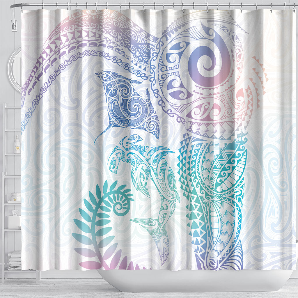 Aotearoa Maori Sea Animals Tribal Shower Curtain Manta Ray and Shark Moko Pattern Sweet Pastel