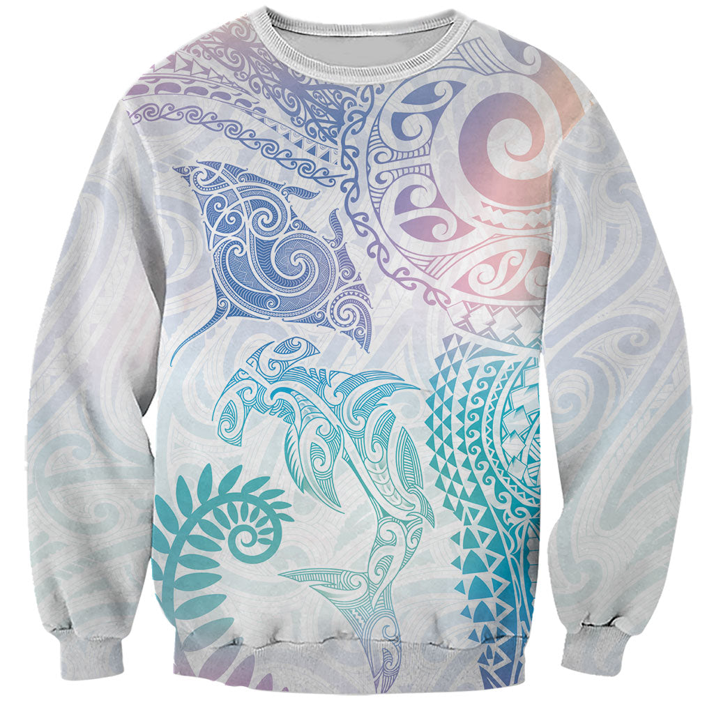 Aotearoa Maori Sea Animals Tribal Sweatshirt Manta Ray and Shark Moko Pattern Sweet Pastel LT03 Unisex Multicolor - Polynesian Pride