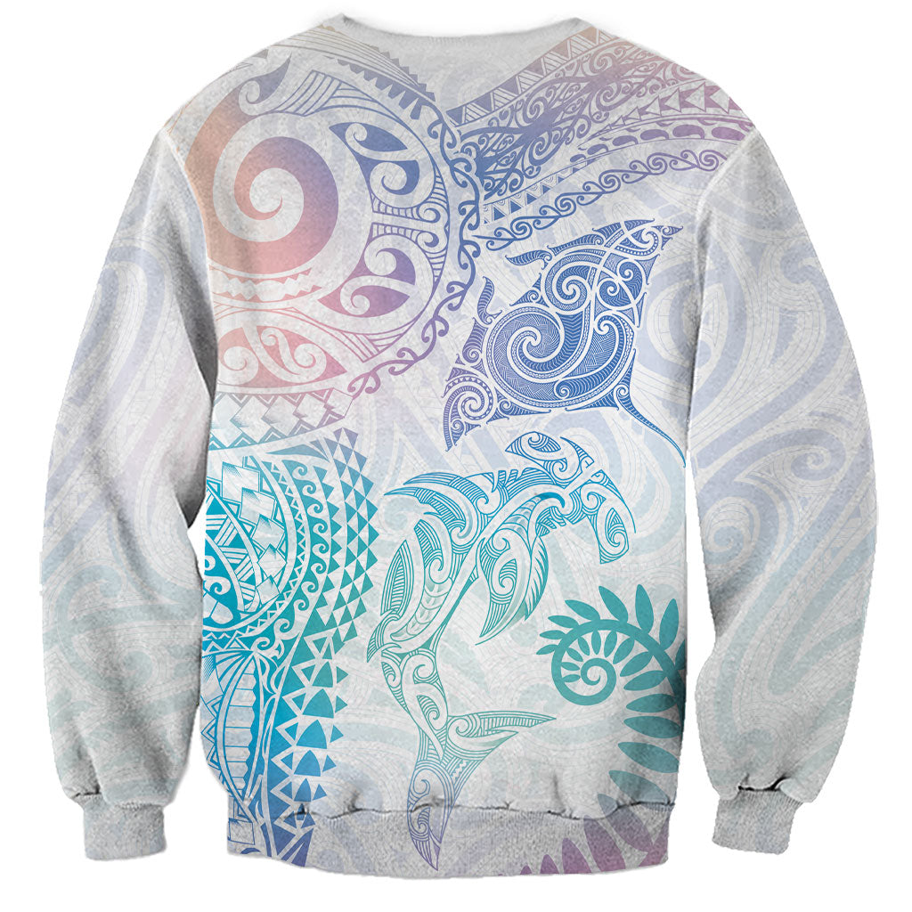Aotearoa Maori Sea Animals Tribal Sweatshirt Manta Ray and Shark Moko Pattern Sweet Pastel LT03 - Polynesian Pride