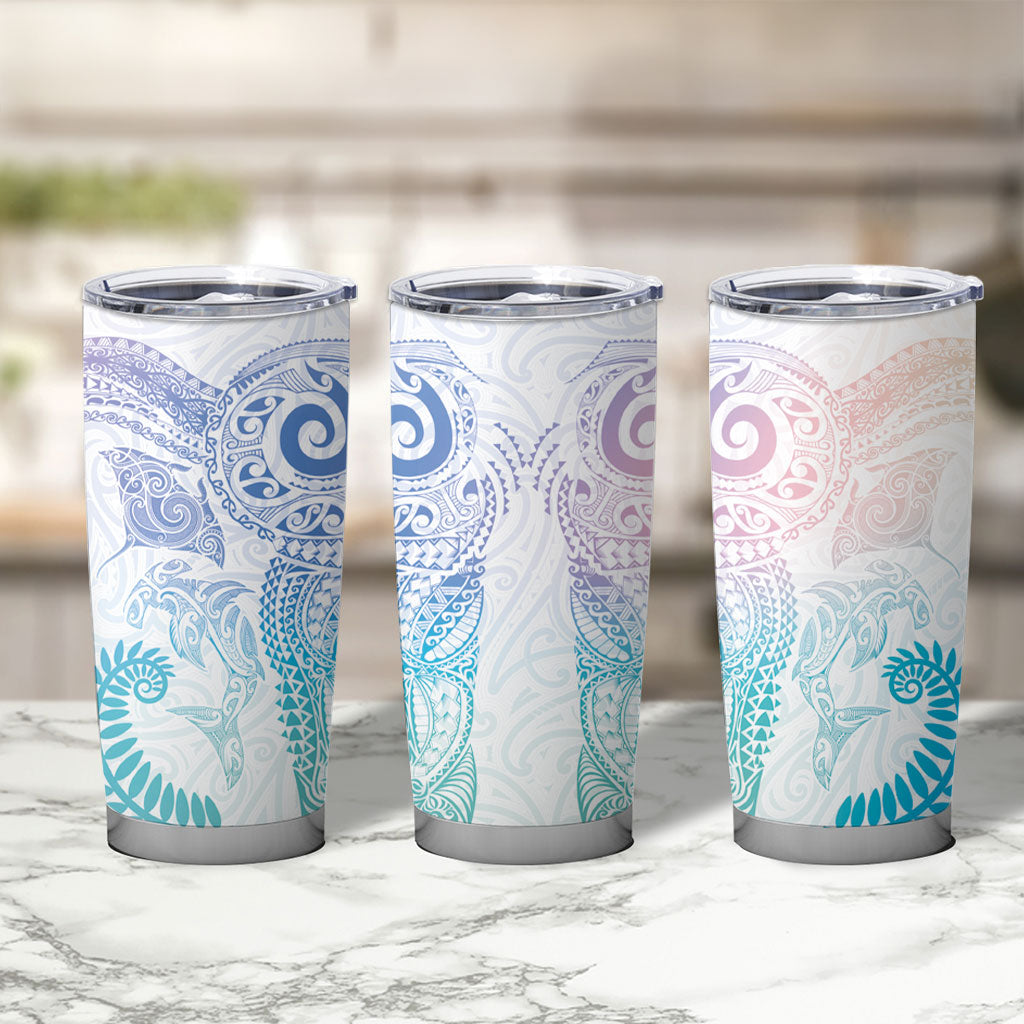 Aotearoa Maori Sea Animals Tribal Tumbler Cup Manta Ray and Shark Moko Pattern Sweet Pastel