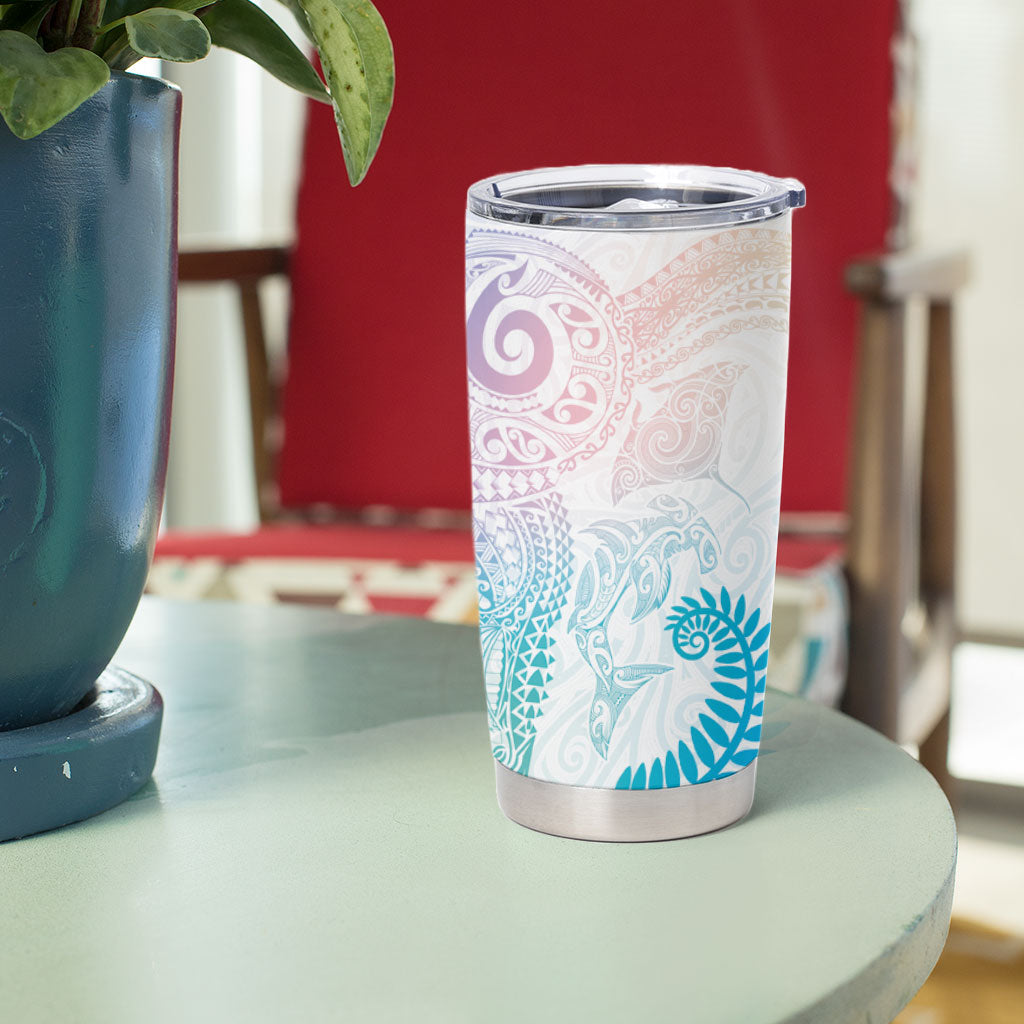Aotearoa Maori Sea Animals Tribal Tumbler Cup Manta Ray and Shark Moko Pattern Sweet Pastel