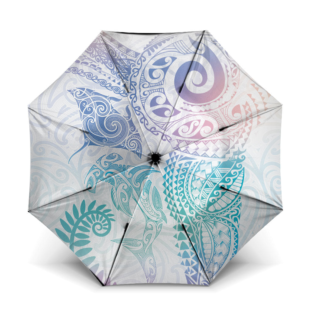 Aotearoa Maori Sea Animals Tribal Umbrella Manta Ray and Shark Moko Pattern Sweet Pastel LT03 One Size Folded 11.42 inch Opened Diameter 37.4 inch Multicolor - Polynesian Pride
