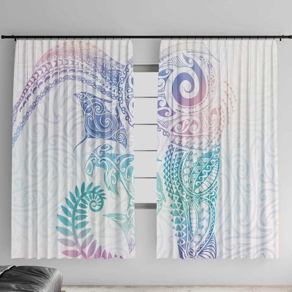 Aotearoa Maori Sea Animals Tribal Window Curtain Manta Ray and Shark Moko Pattern Sweet Pastel LT03 With Hooks Multicolor - Polynesian Pride