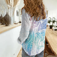 Aotearoa Maori Sea Animals Tribal Women Casual Shirt Manta Ray and Shark Moko Pattern Sweet Pastel