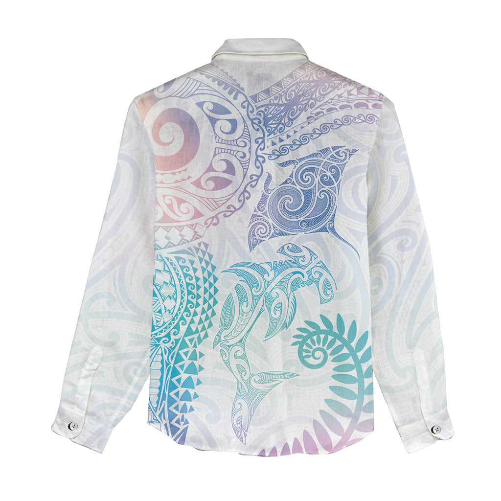Aotearoa Maori Sea Animals Tribal Women Casual Shirt Manta Ray and Shark Moko Pattern Sweet Pastel