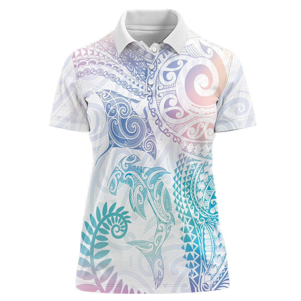 Aotearoa Maori Sea Animals Tribal Women Polo Shirt Manta Ray and Shark Moko Pattern Sweet Pastel LT03 Female Multicolor - Polynesian Pride