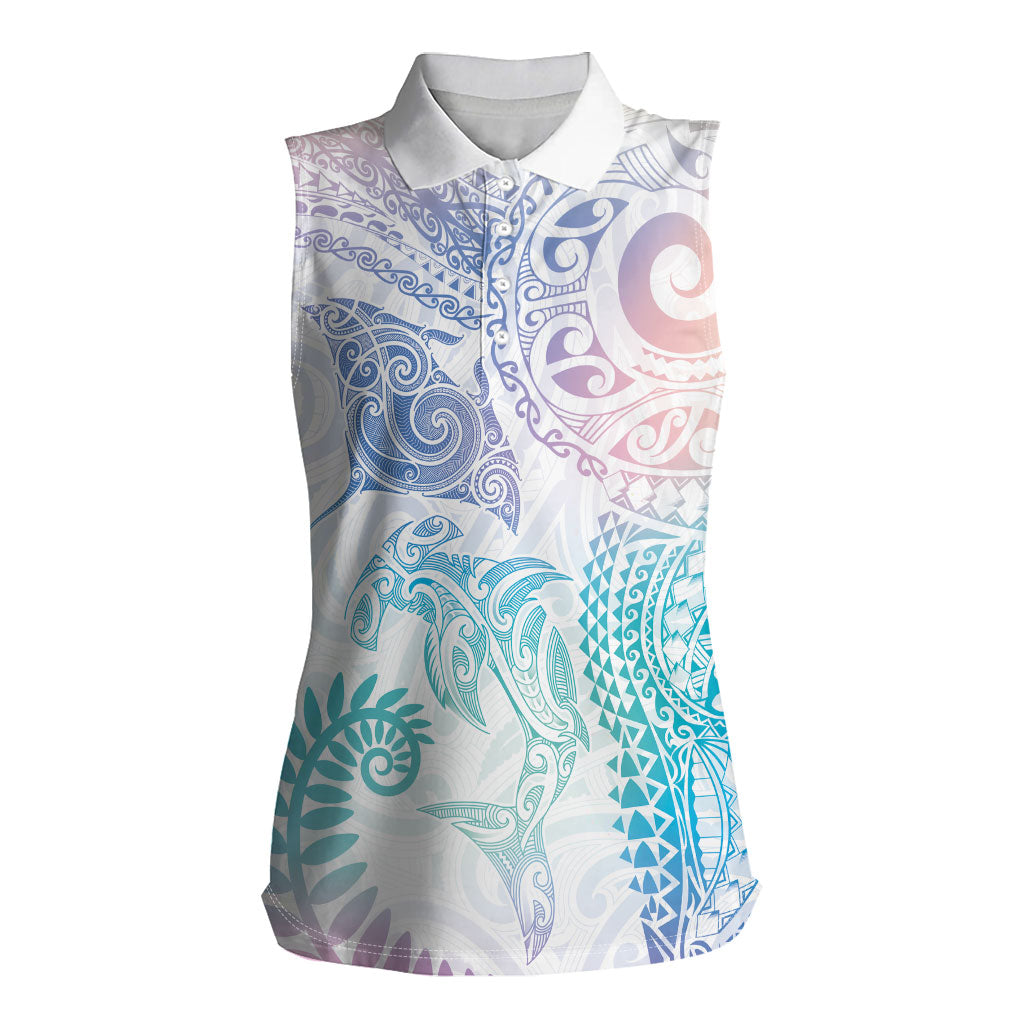 Aotearoa Maori Sea Animals Tribal Women Sleeveless Polo Shirt Manta Ray and Shark Moko Pattern Sweet Pastel