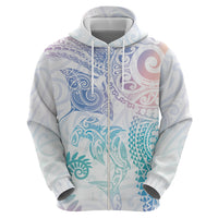 Aotearoa Maori Sea Animals Tribal Zip Hoodie Manta Ray and Shark Moko Pattern Sweet Pastel