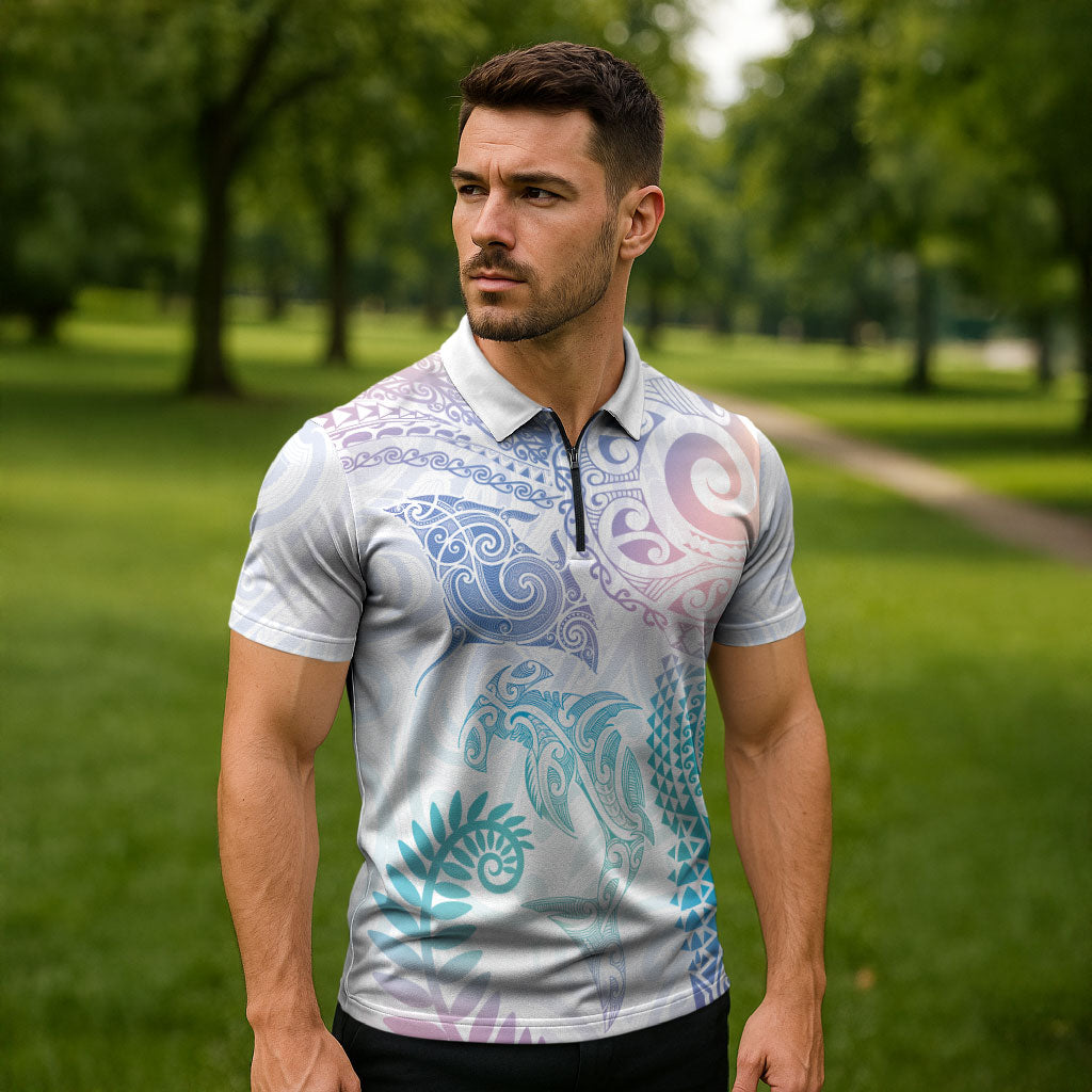 Aotearoa Maori Sea Animals Tribal Zipper Polo Shirt Manta Ray and Shark Moko Pattern Sweet Pastel