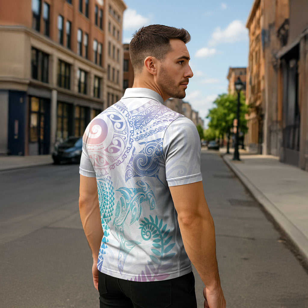Aotearoa Maori Sea Animals Tribal Zipper Polo Shirt Manta Ray and Shark Moko Pattern Sweet Pastel