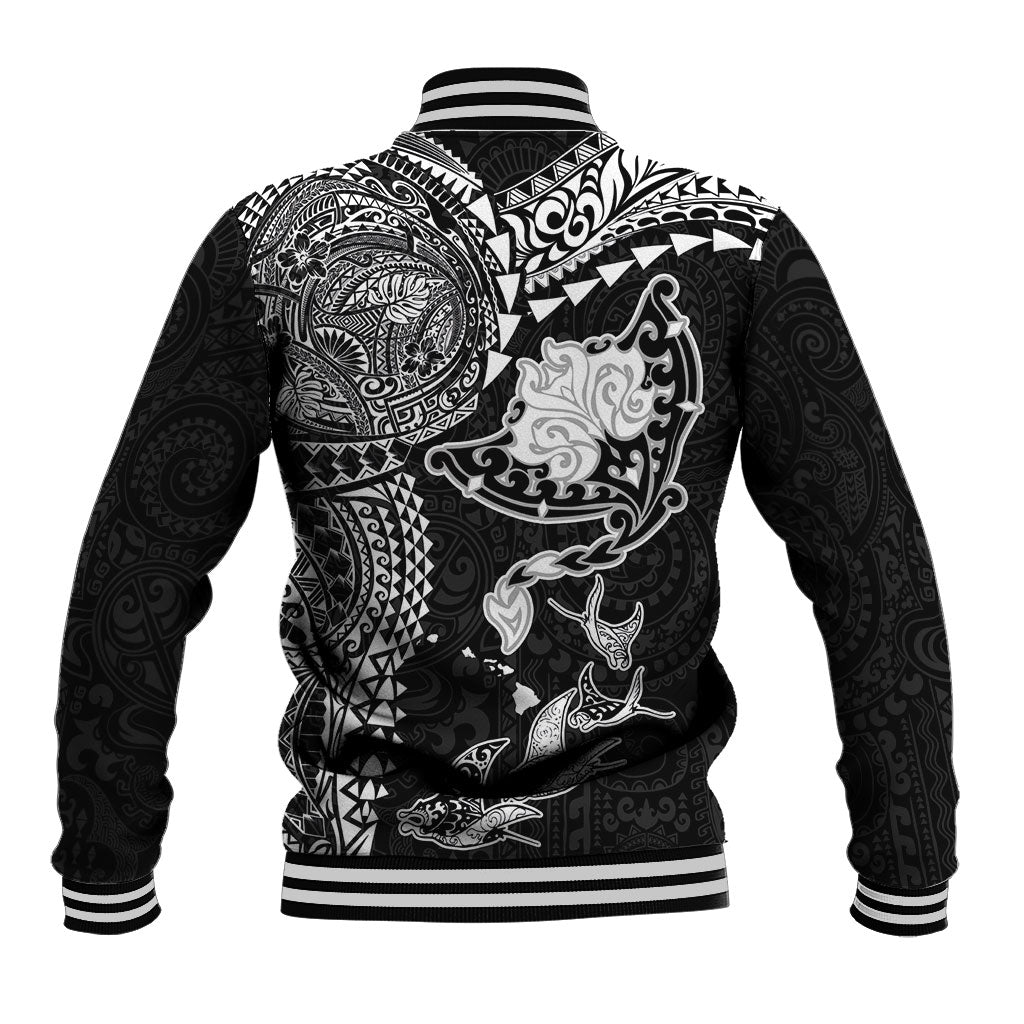 Hawaiian Manta Ray Tribal Baseball Jacket Polynesian Art Motifs Black Color