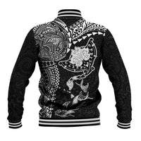 Hawaiian Manta Ray Tribal Baseball Jacket Polynesian Art Motifs Black Color