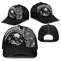 Hawaiian Manta Ray Tribal Baseball Net Cap Polynesian Art Motifs Black Color