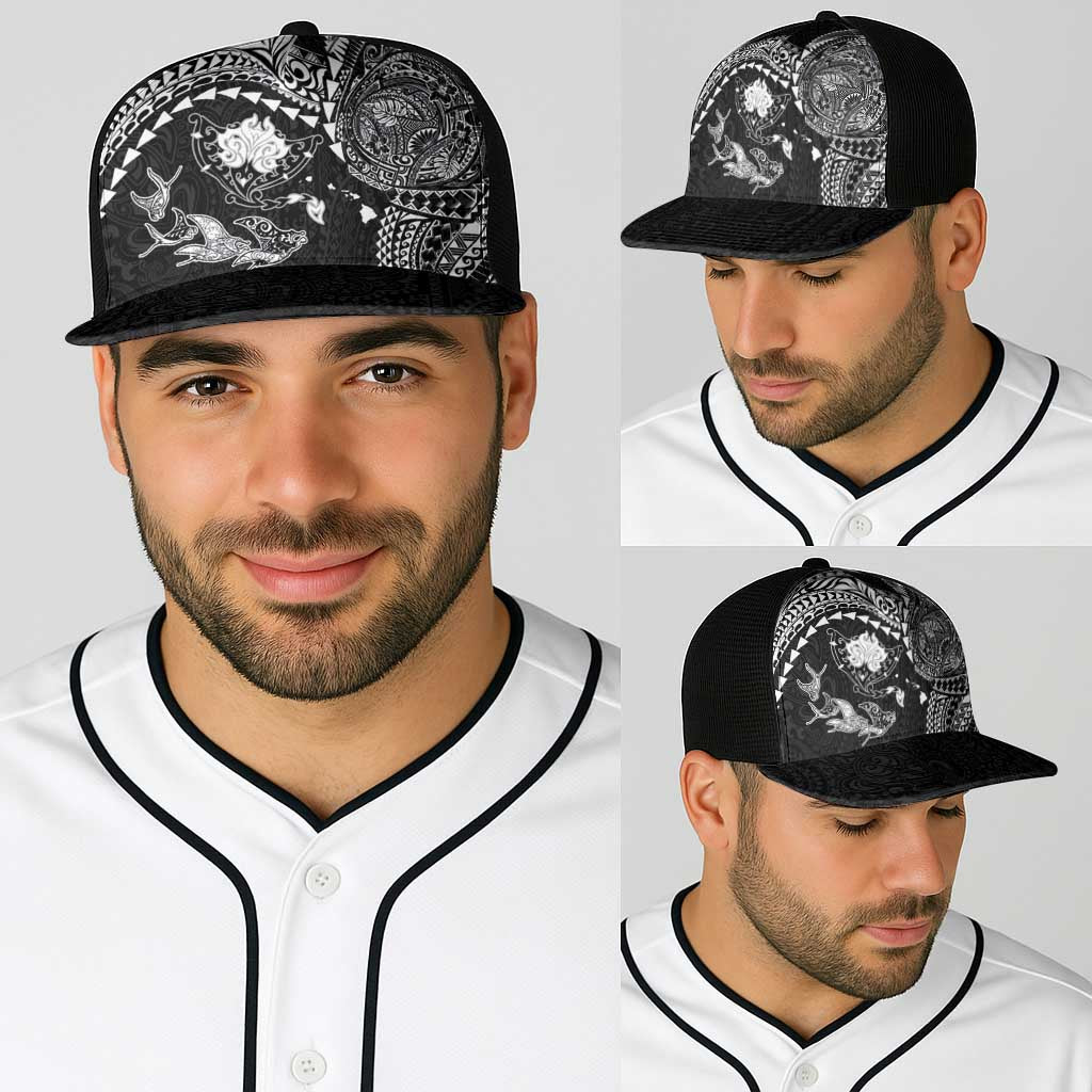 Hawaiian Manta Ray Tribal Baseball Net Cap Polynesian Art Motifs Black Color