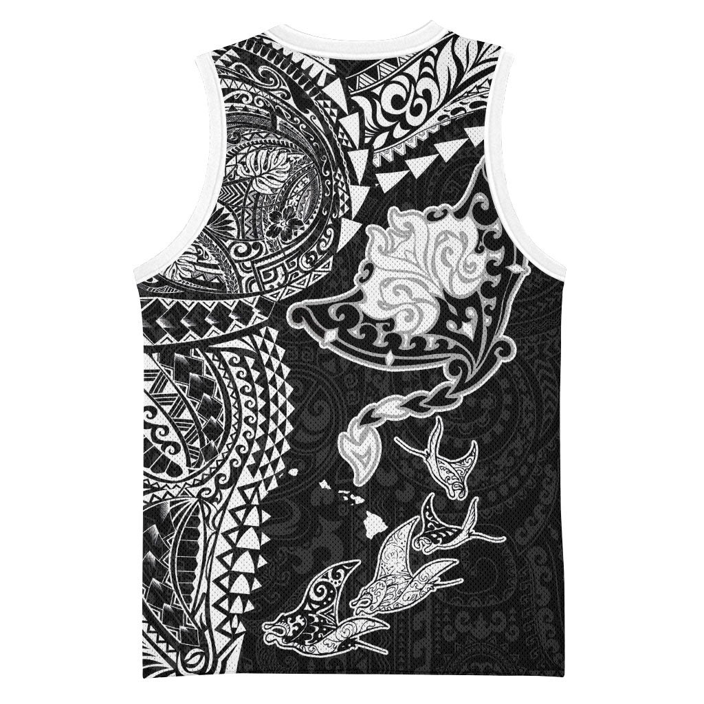 Hawaiian Manta Ray Tribal Basketball Jersey Polynesian Art Motifs Black Color